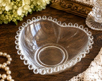 Vintage Imperial Glass Candlewick Heart Shaped Bowl Clear Beaded Edge Candy Dish