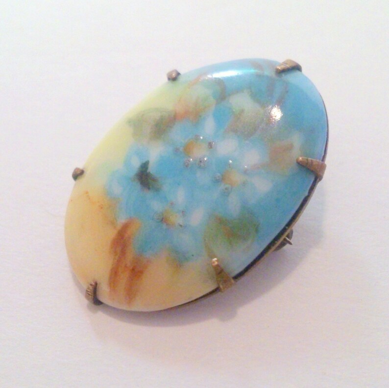 Antique Victorian Small Hand Painted China Blue Flower Brooch Pin