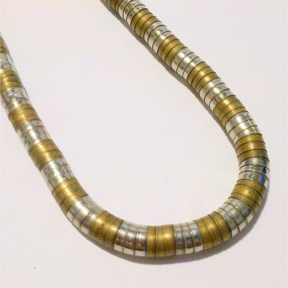 Vintage Boho Brass Silver Two Tone Tube Link Neck… - image 1