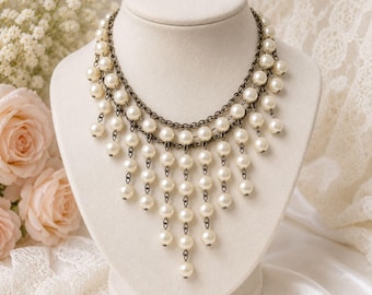 Vintage Faux Pearl Bib Choker Necklace Brass Tone Wedding Bridal 14 Inch