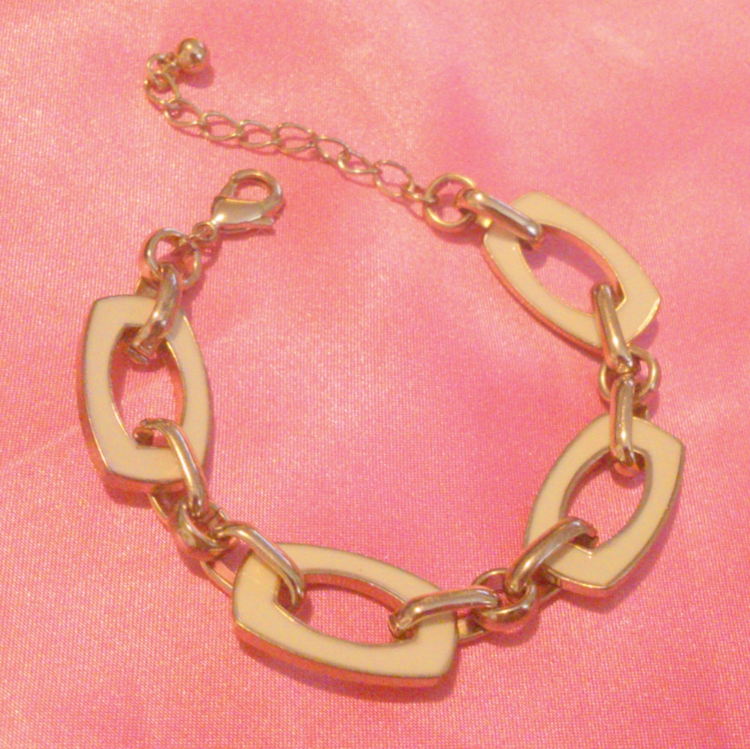 Vintage Gold Tone White Enamel Link Bracelet Etsy