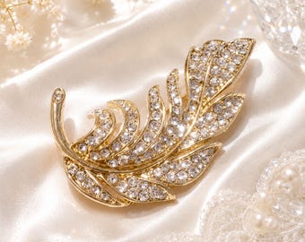 Vintage Pave Rhinestone Gold Tone Feather Brooch