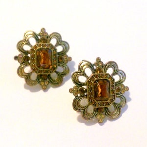 Vintage Avon Ornate Gold Tone Cognac Rhinestone Earrings