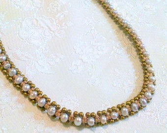 Boho Inspired Freshwater Pearl and Brass Bead Woven Necklace