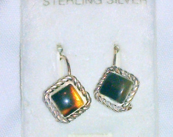 Vintage NOS Sterling Silver Faux Tortoise Shell Earrings