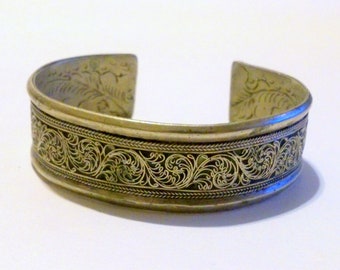 Vintage Ethnic Inspired Silver Tone Embossed Cuff Bracelet