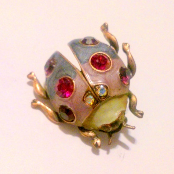 Vintage Enamel and Rhinestone Ladybug Brooch Gem