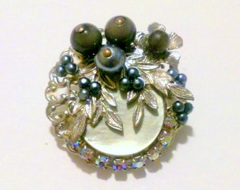 Vintage Silver Tone Filigree MOP Faux Pearl Floral Brooch