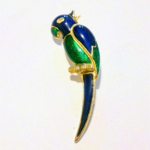 Vintage Gold Tone Blue Green Enamel Parrot Bird Brooch