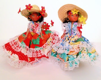 Pair of Vintage San Juan Souvenir Girl Dolls in Traditional Dress