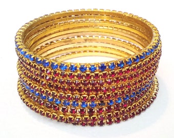 Set Of Nine Blue And Red Prong Set Rhinestone Bangle Bracelets