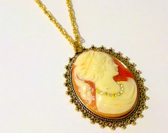 Vintage Gold Tone Cameo Pendant Necklace with Rhinestone Choker