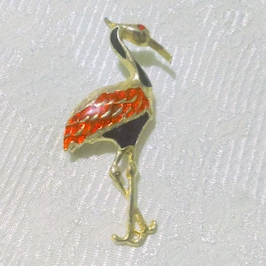 Vintage Gold Tone Enameled Crane Brooch