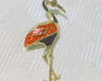 Vintage Gold Tone Enameled Crane Brooch