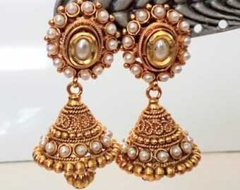 Middle Eastern Inspired Gold Tone Faux Pearl Bell Drop Earrings