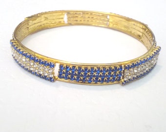 Gold Tone Blue And Clear Pave Rhinestone Bangle Bracelet