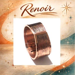 May include: A copper-toned hinged bracelet with a textured, wood-grain-like pattern. The bracelet is rectangular and features the word "Renoir" in a cursive font. The background has a vintage, starburst design.
