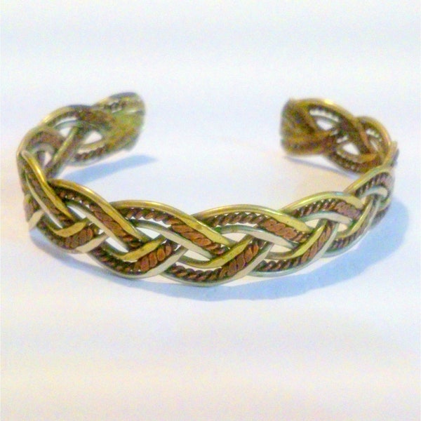 Vintage Copper and Silver Tone Braided Cuff Bracelet