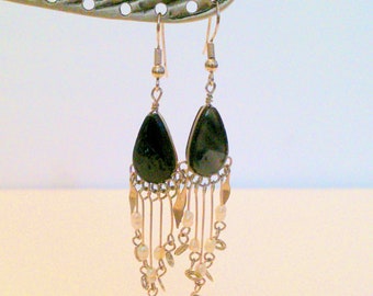 Vintage Boho Inspired Black Onyx Freshwater Pearl Silver Tone Drop Earrings