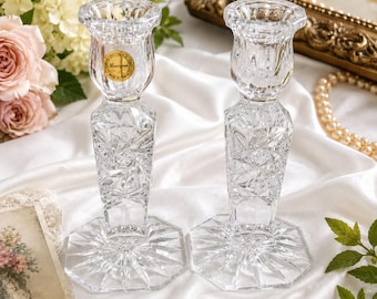 Vintage Lucyna Crystal Poland 6" Cut Glass Candlestick Holders Pair