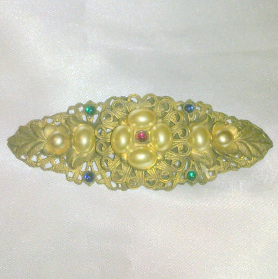 Vintage Faux Pearl Flower Bar Pin - image 1