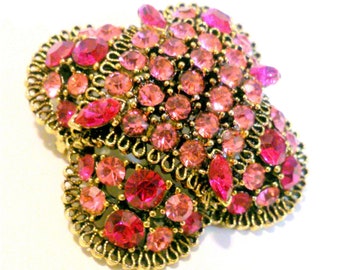 Vintage LISNER Pink and Hot Pink Rhinestone Cluster Gold Tone Statement Brooch