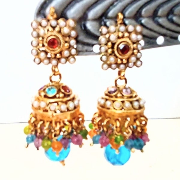 Ethnic Inspired Muddle Eastern Gold Tone Multi Color Beaded Statement Earrings