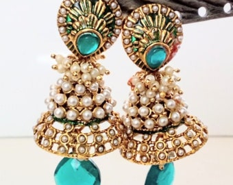 Ethnic Inspired Faux Pearl and Teal Drop Statement Earrings