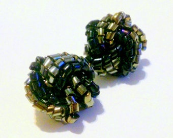 Vintage Black Knot Bead Cluster Pierced Earrings