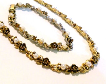 Vintage Romantic Gold Rose and Faux Pearl Necklace Bracelet Demi Set