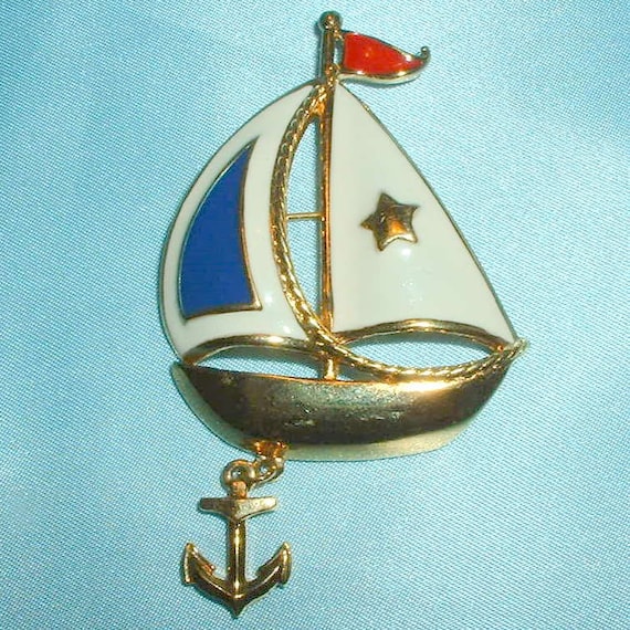 Vintage Avon Gold Tone Enameled Patriotic Sailboa… - image 1