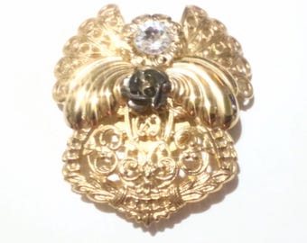 Vintage 1990's Signed Jane Gold Tone Filigree Rhinestone Accented Angel Brooch
