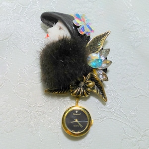Vintage Mink Trimmed Woman Figural Brooch Lapel Watch