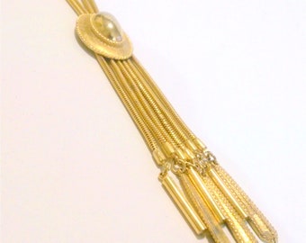 Vintage 1960's Gold Tone Multi Snake Chain Tassel Necklace