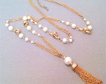 Vintage Gold Tone Faux Pearl Station Tassel Necklace