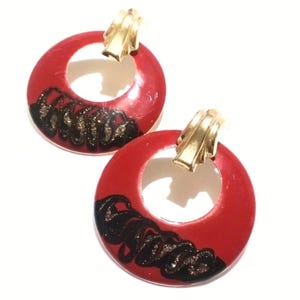 Vintage Red & Black Enamel Gold Tone Hoop Drop Statement Earrings