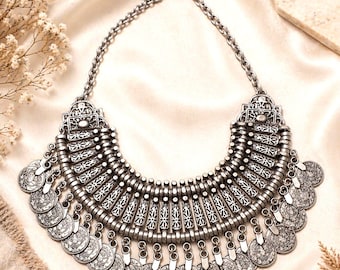Vintage Turkish Gypsy Coin Bib Statement Necklace Silver Tone