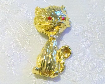 Vintage Gold Tone Rhinestone Accented Cat Brooch