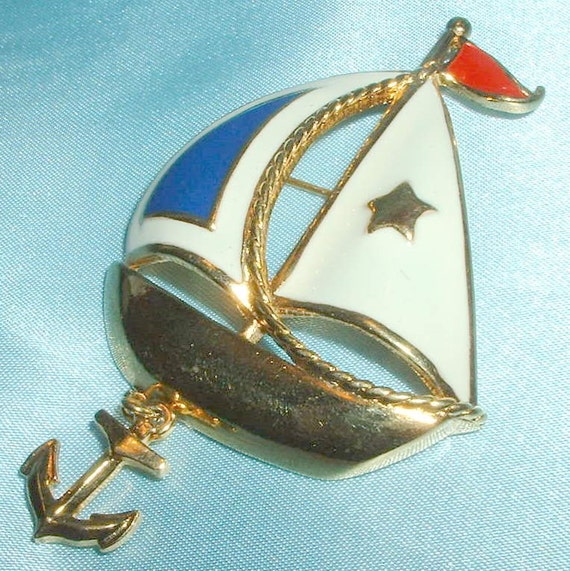 Vintage Avon Gold Tone Enameled Patriotic Sailboa… - image 3