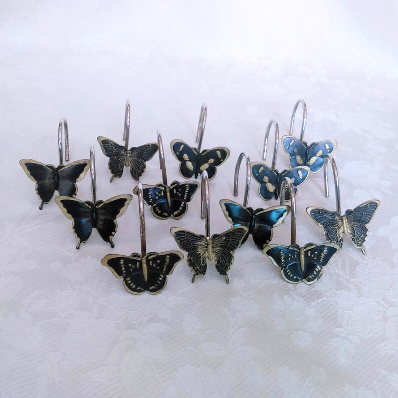 Set Of 12 Shower Curtain Hooks Butterfly Brass And Black Etsy