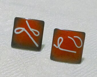 vintage Mid Century Moderne Émail Rouge Sur Cuivre Carré Vis Boucles d’Oreilles Arrière