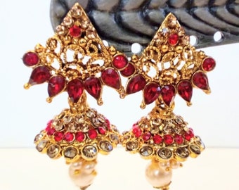 Gold Tone Red Rhinestone and Faux Pearl Eastern Inspired Statement Earrings