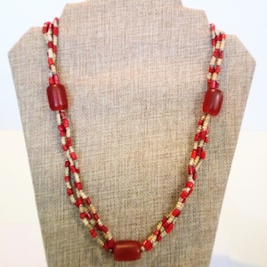 Vintage Boho Inspired Orange and Tan Beaded Station Necklace