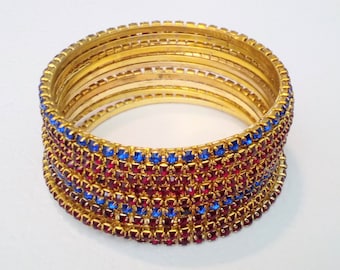 Set of Nine Red and Blue Prong Set Rhinestone Bangles