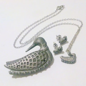 Vintage Pewter Duck Necklace Earring Brooch Demi Parure Set