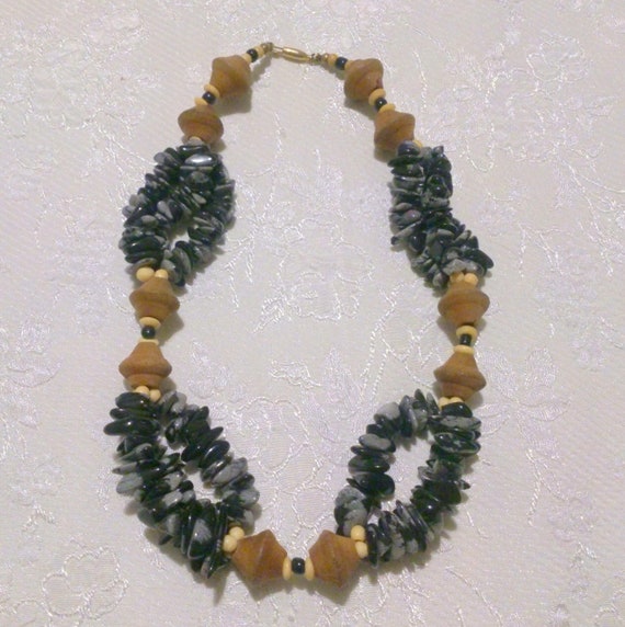 Ethnic Inspired Snowflake Obsidian and Wood Bead … - image 2