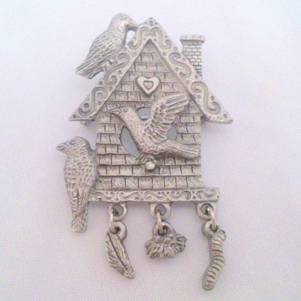 Vintage Spoontiques Pewter Bird House Charm Brooch