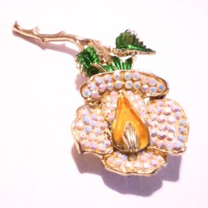 Vintage Gold Tone Enamel and Aurora Borealis Rhinestone Flower Brooch