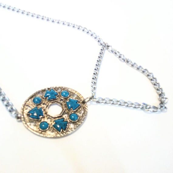 Vintage Silver Tone Metal Faux Turquoise Woman Thin Chain Belt Woman Beautiful! VINTAGE Silver Metal Faux Turquoise Chain Belt  main image 2
