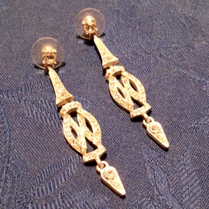 Vintage Silver Tone Art Deco Inspired Clear Rhinestone  Drop Pierced Earrings